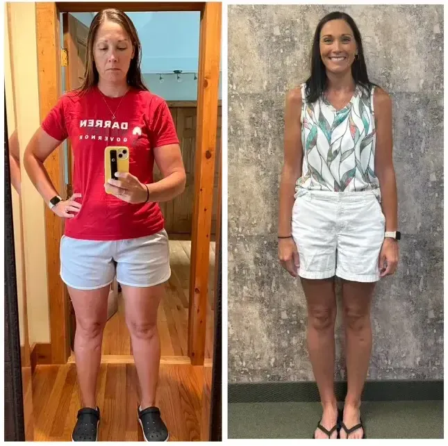 Amber D. before and after — Down 33 lbs & 20 inches